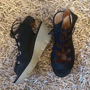 Clarks Black Lace-Up Cutout Wedge Sandals
